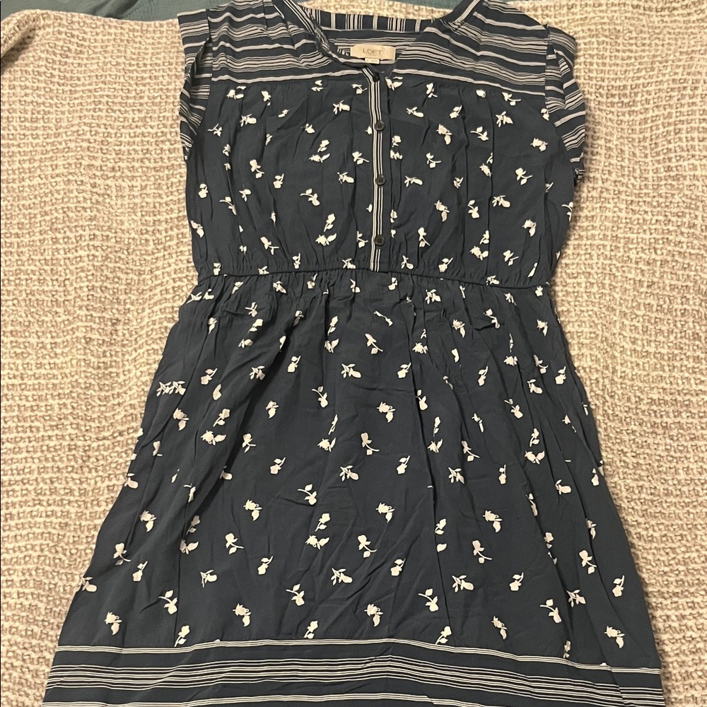 LOFT Blue Dress with White Floral Design